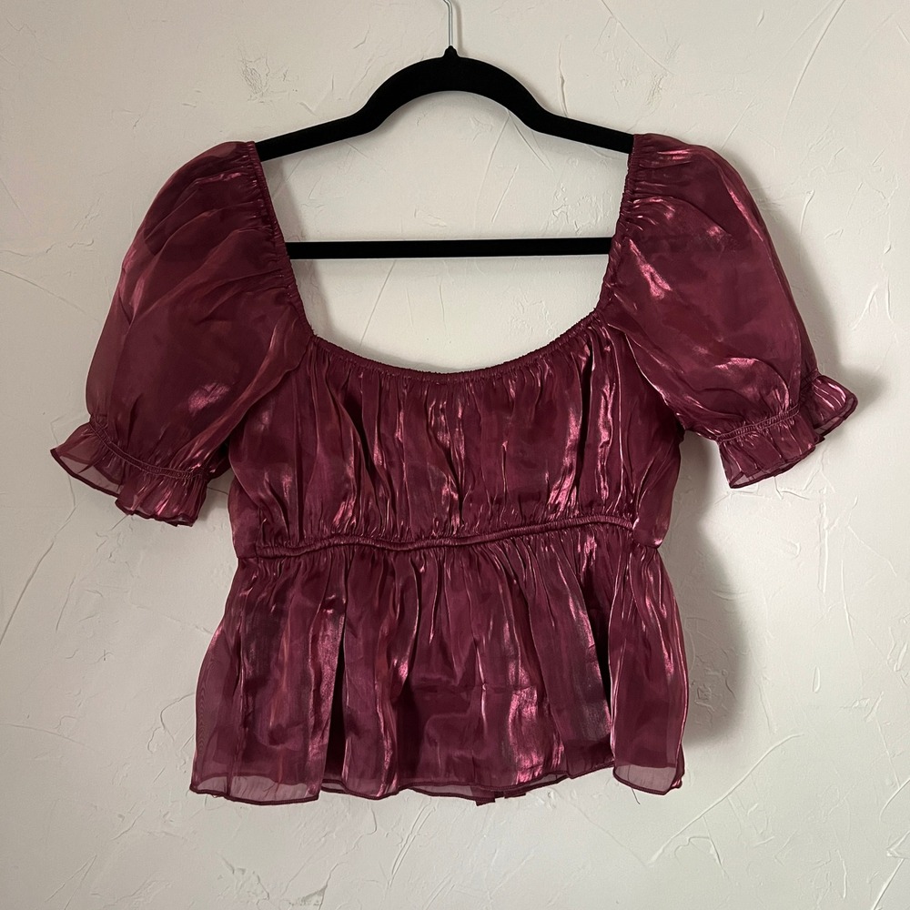 Thirty Thirty Metallic Organza Babydoll Top Puff Sleeve Burgundy Size Small - Picture 10 of 10
